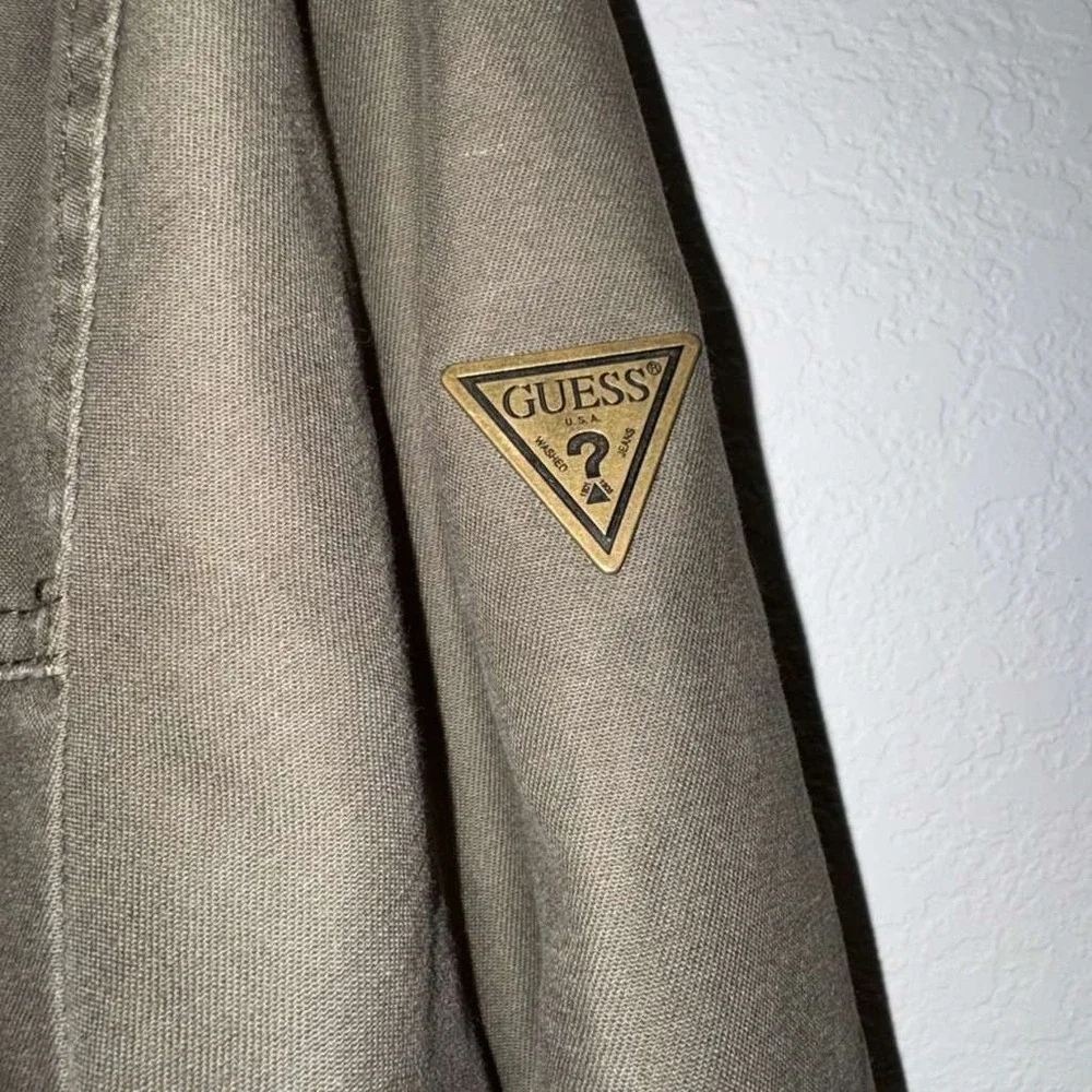 Guess Men's Size M Sherpa Lined Military Style Hooded Jacket Snap Button Olive